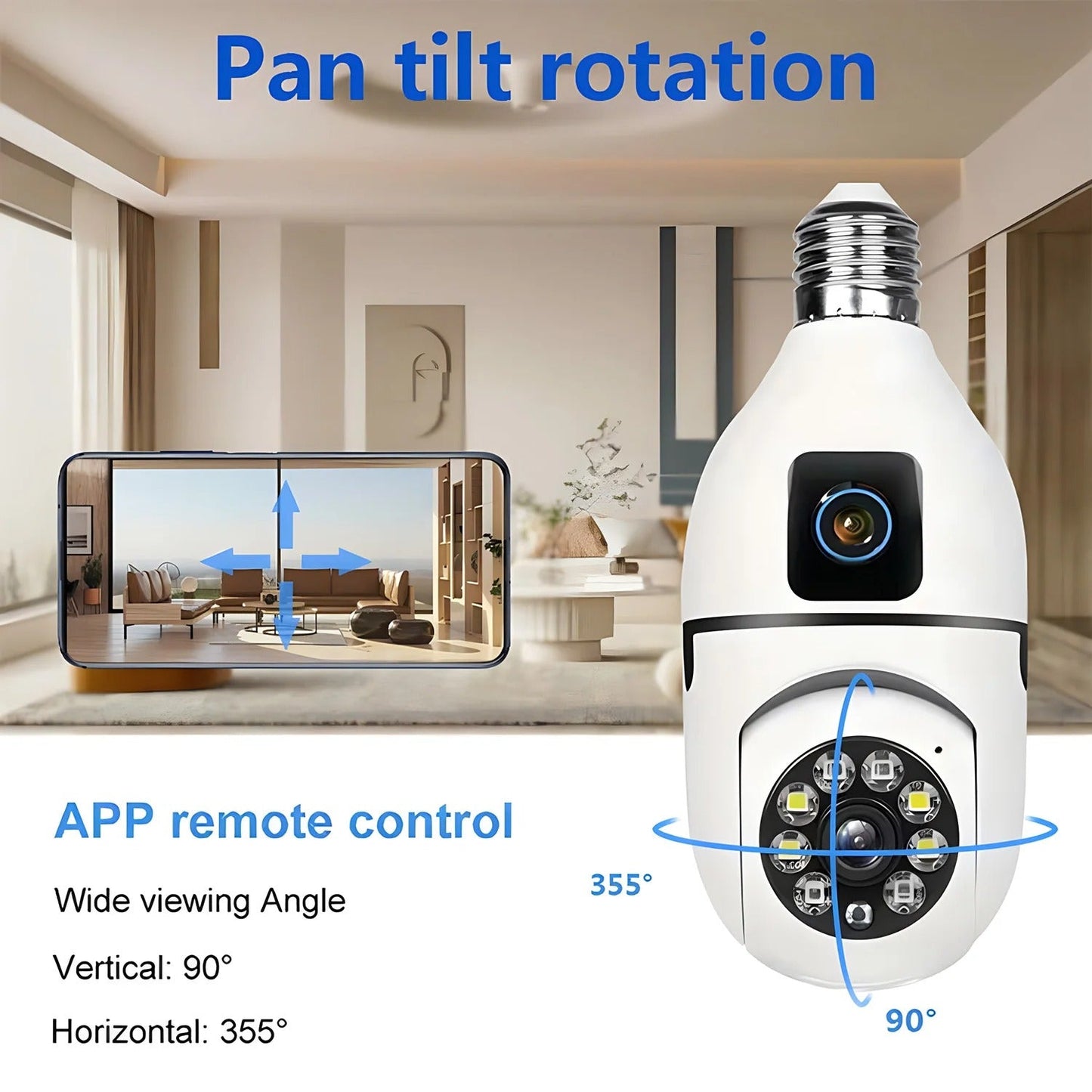 Telecamera di Sicurezza Smart Home IP PTZ WIFI con Attacco E27, Doppia Lente, Visione Notturna e Rilevamento Umano