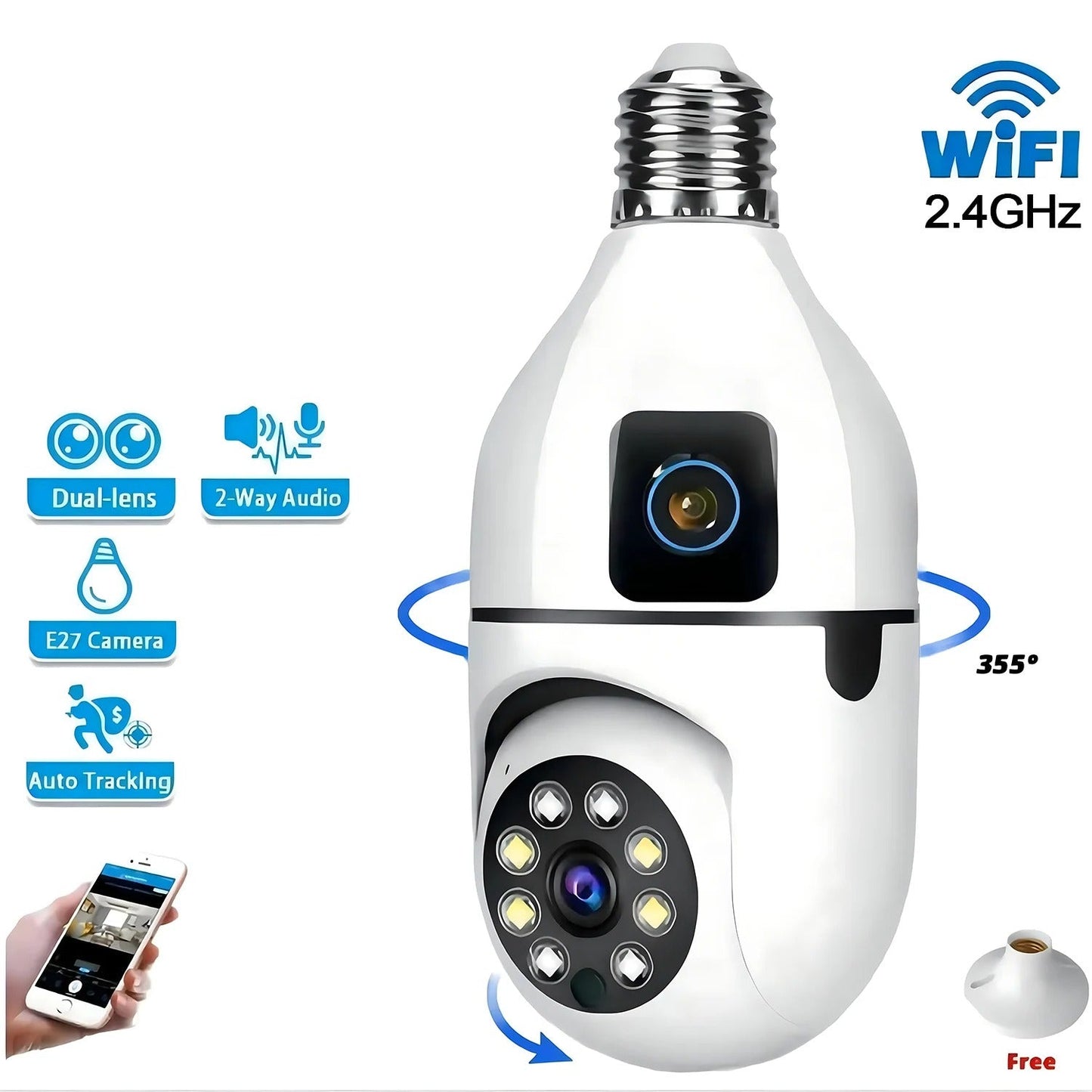 Telecamera di Sicurezza Smart Home IP PTZ WIFI con Attacco E27, Doppia Lente, Visione Notturna e Rilevamento Umano